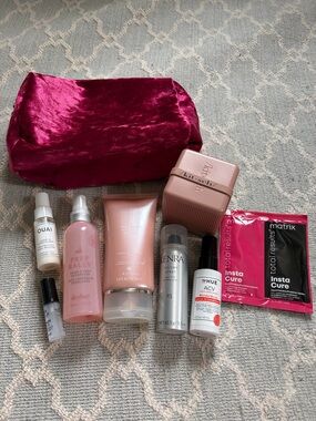 Crushed Velvet Makeup Bag with Assorted Hair Care Products
